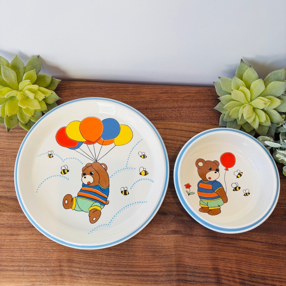 Mikasa Aviator children's plate and bowl set Teddy Bear Balloons Bees Kids kitch